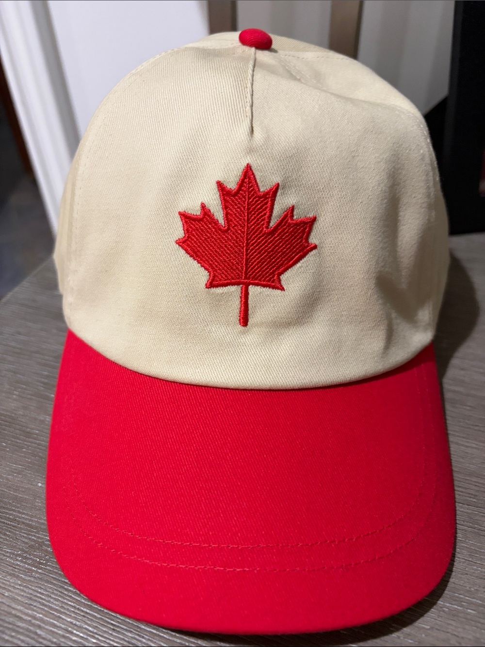 Bench. Two-Tone Beige and Red Baseball Cap